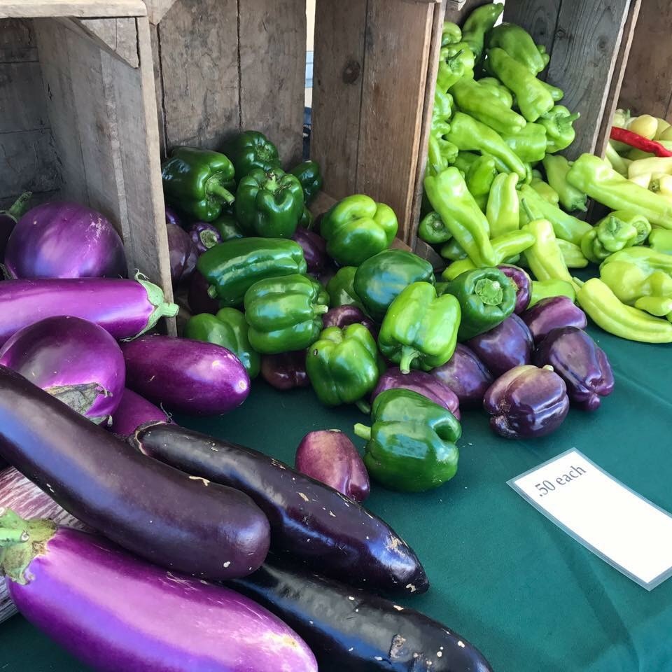purple and green bell peppers, eggplants westminster md farmers market