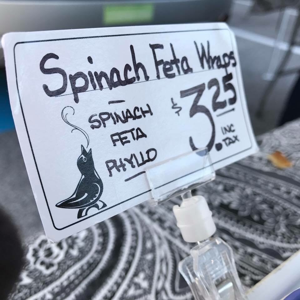 sign for spinach feta phyllo wraps westminster md farmers market
